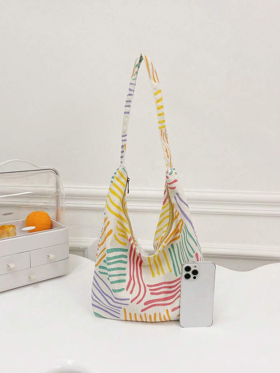 Bolsa de Tecido com Estampa Geométrica e Alças Trançadas