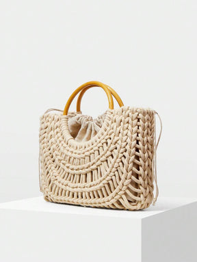 Bolsa Macramê com Alça de Madeira