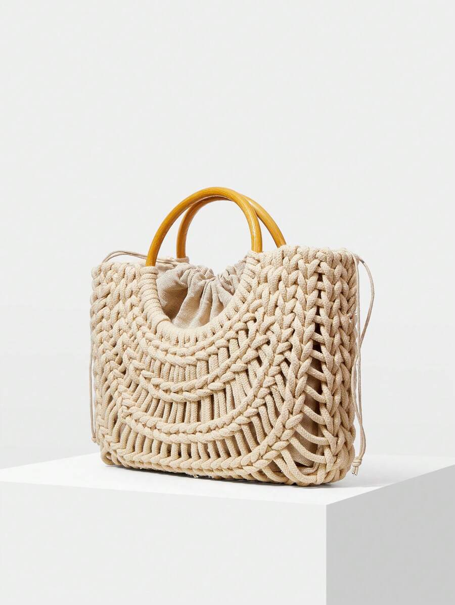 Bolsa Macramê com Alça de Madeira