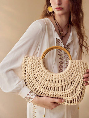 Bolsa Macramê com Alça de Madeira