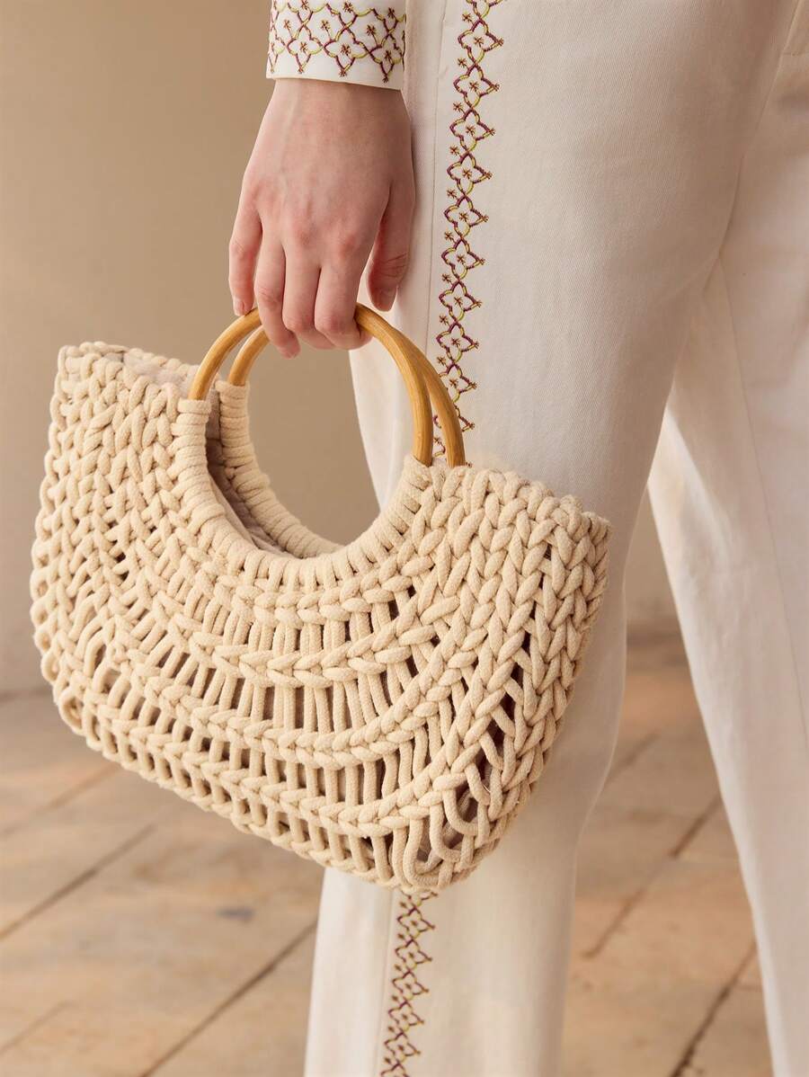 Bolsa Macramê com Alça de Madeira