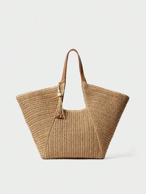 Bolsa de Palha com Alça de Couro e Tassel