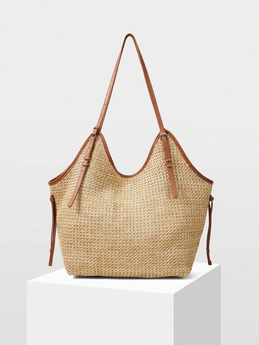 Bolsa de Palha com Alças de Couro e Ajuste Lateral