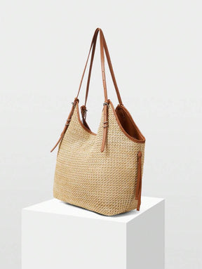 Bolsa de Palha com Alças de Couro e Ajuste Lateral