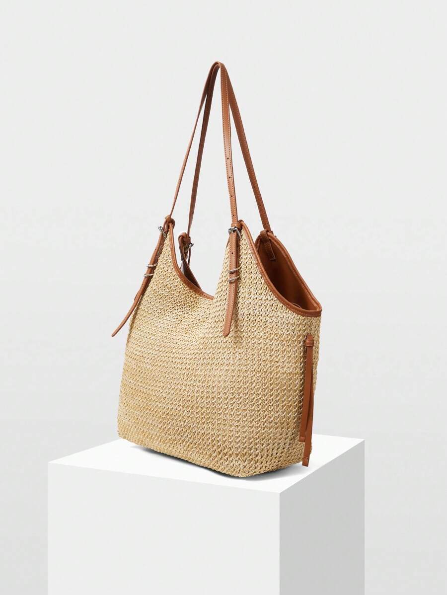 Bolsa de Palha com Alças de Couro e Ajuste Lateral