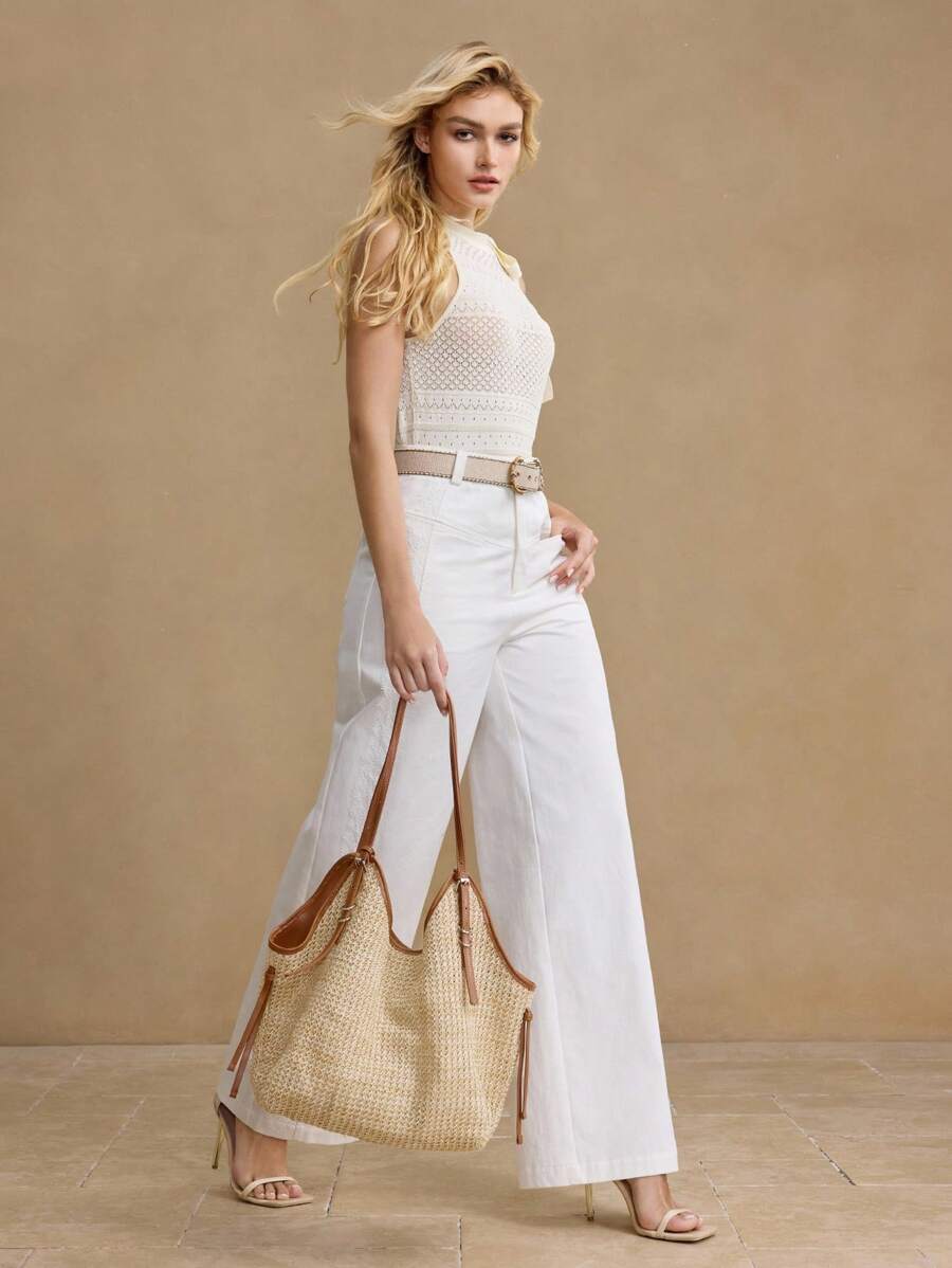 Bolsa de Palha com Alças de Couro e Ajuste Lateral