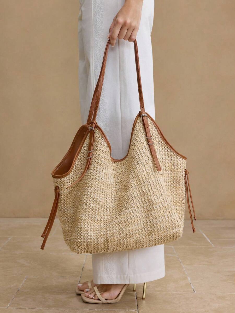 Bolsa de Palha com Alças de Couro e Ajuste Lateral